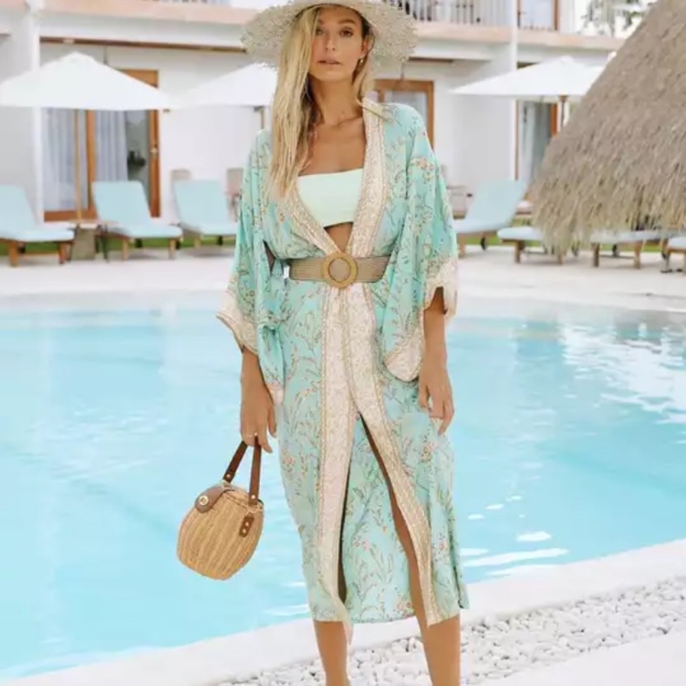 SOLD OUT . Turquoise Fields Floral Kimono Robe Coverup - Picture 4 of 7